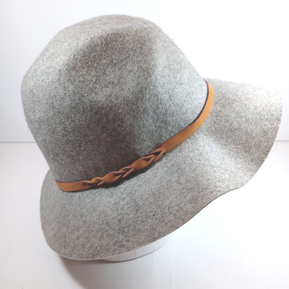 Womens Gray Wool Wide Brim Floppy Hat One Size Felt Boho Braided Band Tassel - Picture 5 of 7